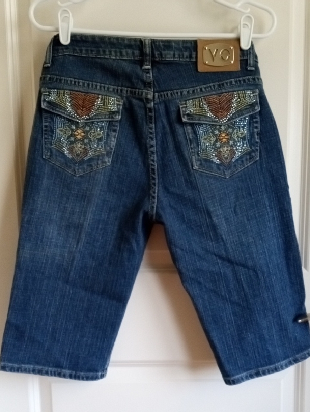 Virgin Only Denim Classic Capris with Embroidery & Rhinestone Detailing. Size 6